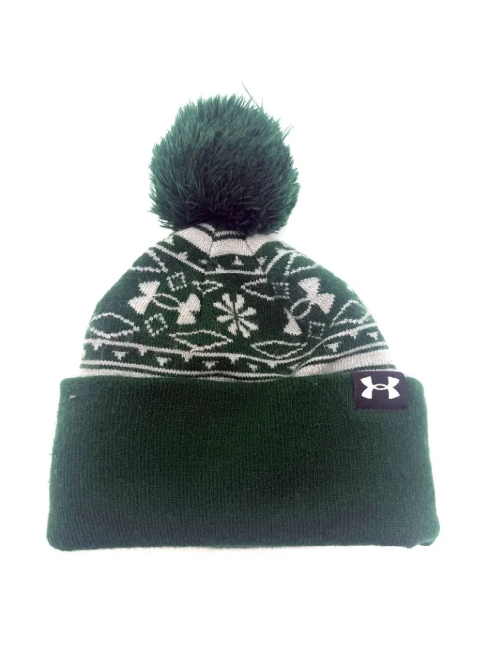 Under Armour Womens OSFA Green White Winter Beanie Hat Pom Pom Knit Cap